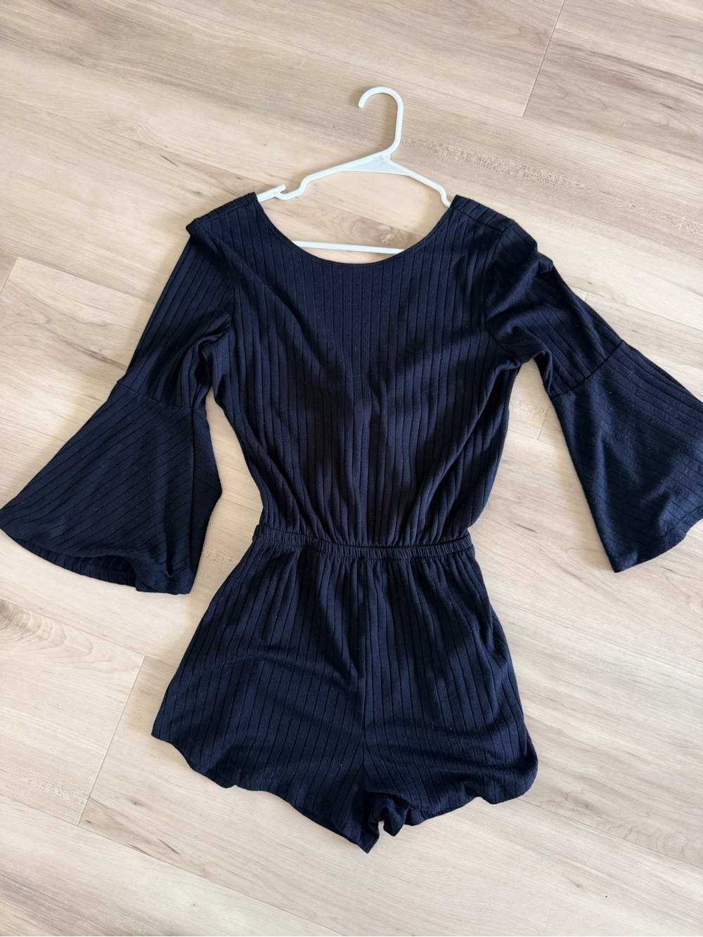 Billabong Black Ribbed Bell-Sleeve One-Piece Open Back Romper Coverup